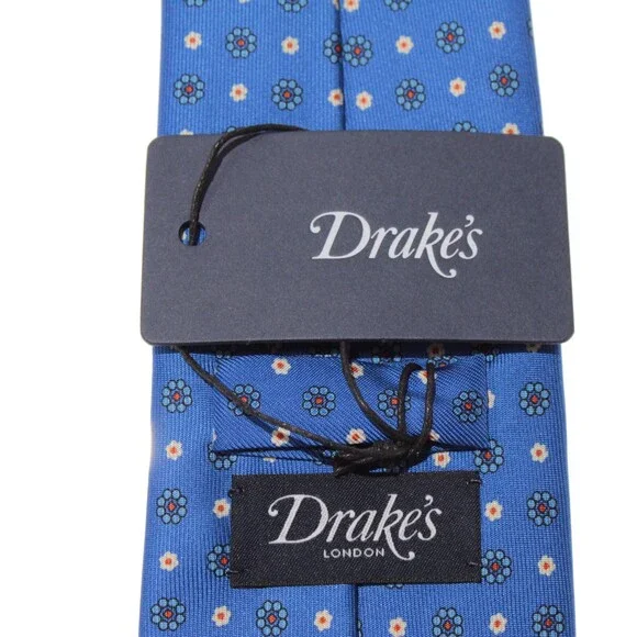 Drake's NWT Neck Tie in Blue with White & Orange Mini Floral Print 100% Silk